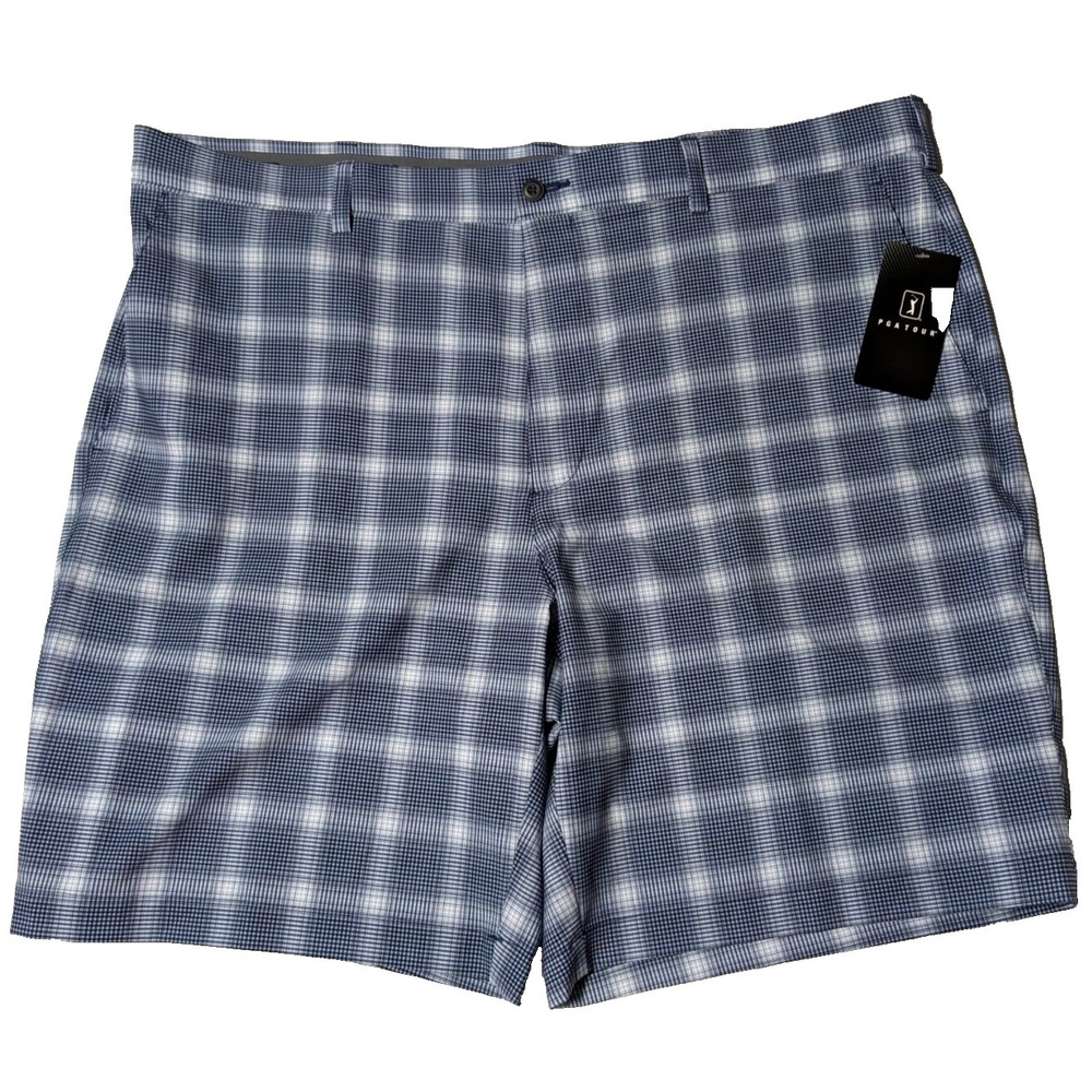 PGA TOUR STRETCH Men Size 42 Blue Plaid 9" Golf Shorts NEW